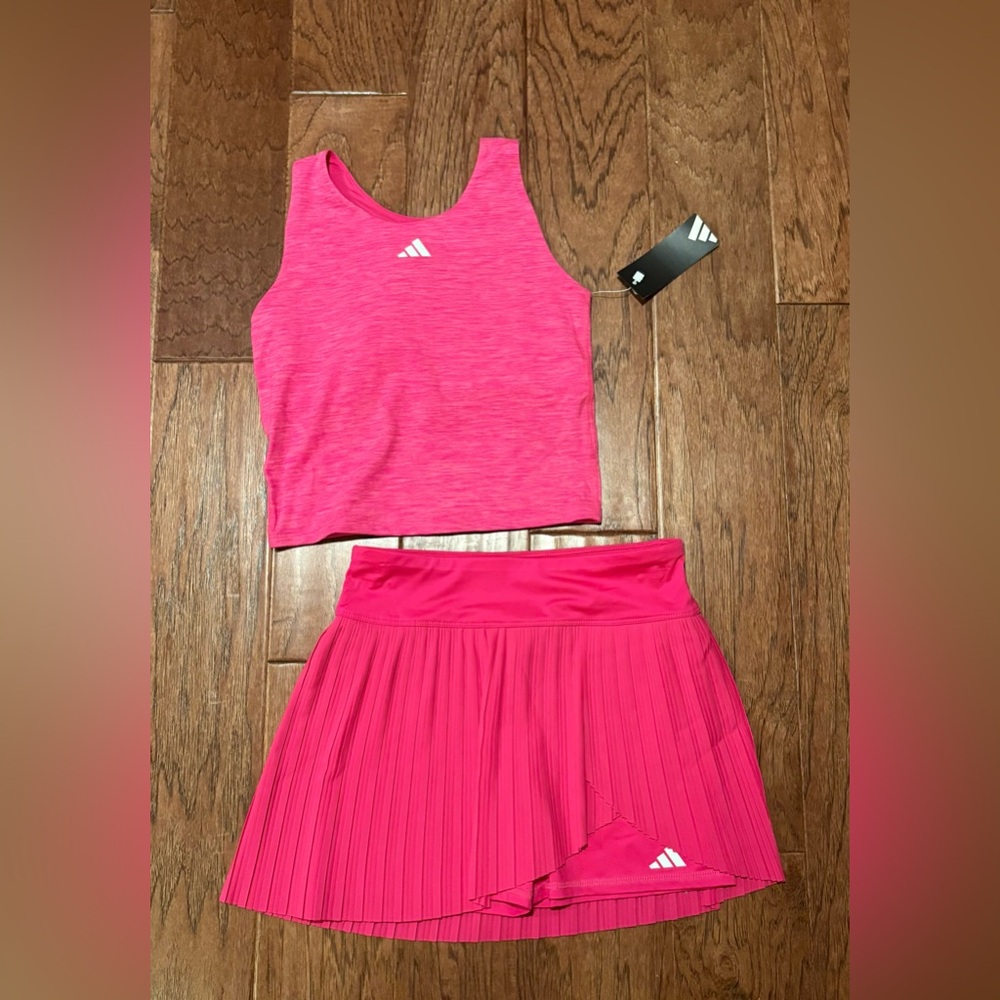 NWT Lot of 2 Adidas Girls Pleated Tennis Skort and Tank Fuschia Shock Pink XL